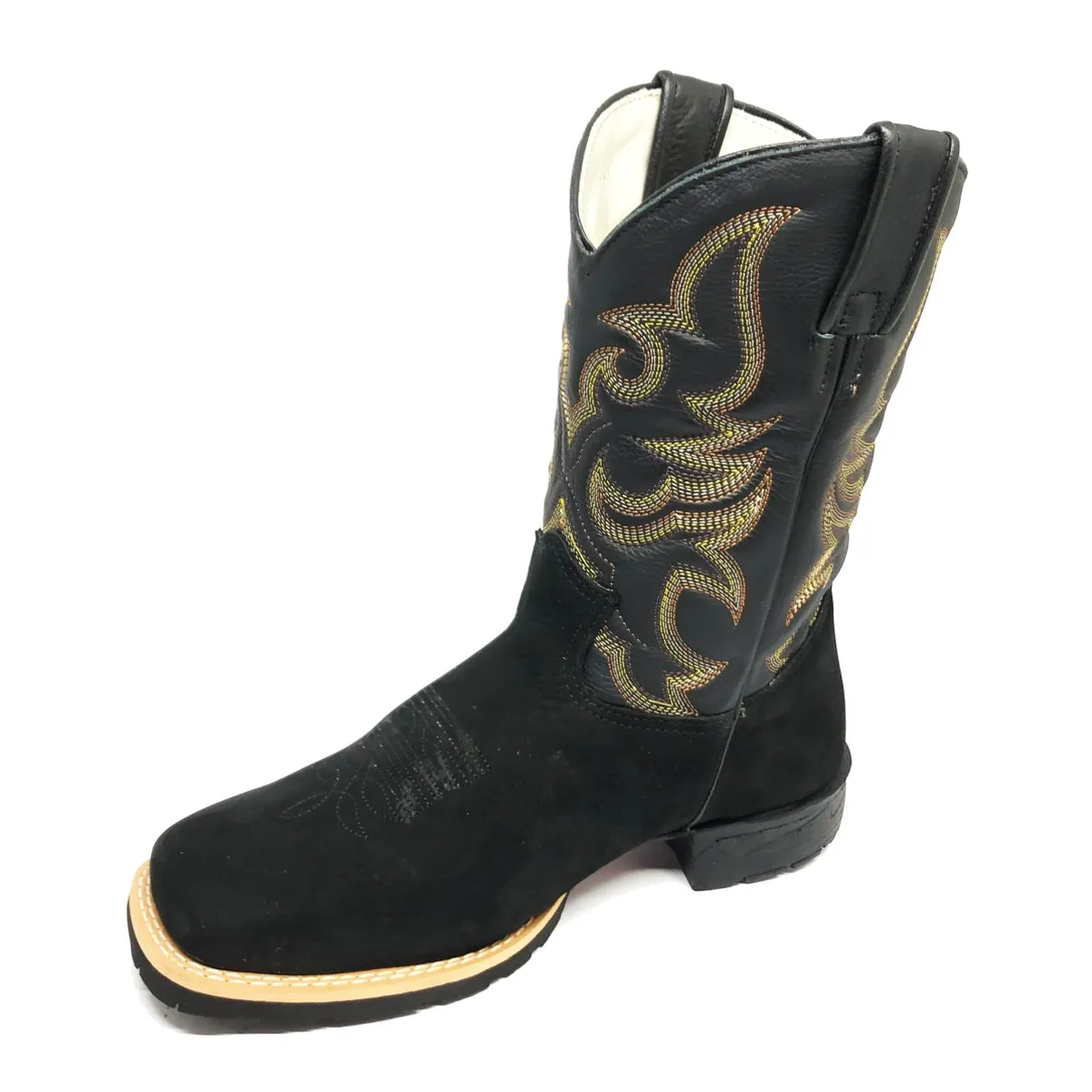 Bota Texana De Couro Bovino Bufalado Preto - Cano Médio, Bico Quadrado - Solado Flex Comfort