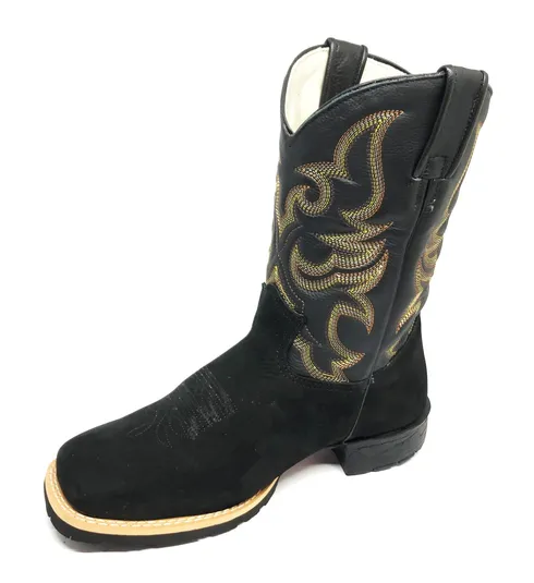 Bota Texana De Couro Bovino Bufalado Preto - Cano Médio, Bico Quadrado - Solado Flex Comfort