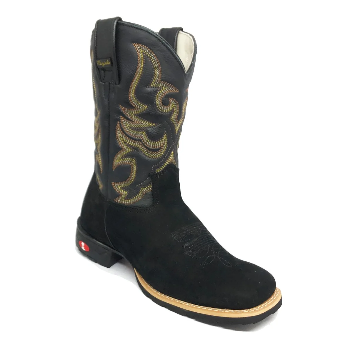 Bota Texana De Couro Bovino Bufalado Preto - Cano Médio, Bico Quadrado - Solado Flex Comfort