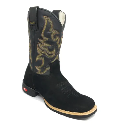 Bota Texana De Couro Bovino Bufalado Preto - Cano Médio, Bico Quadrado - Solado Flex Comfort