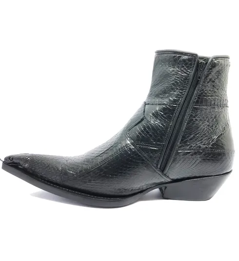 Bota de Cobra Naja Preta com Cabeça - CANO CURTO, BICO FINO, ​SOLADO DE COURO ARTESANAL