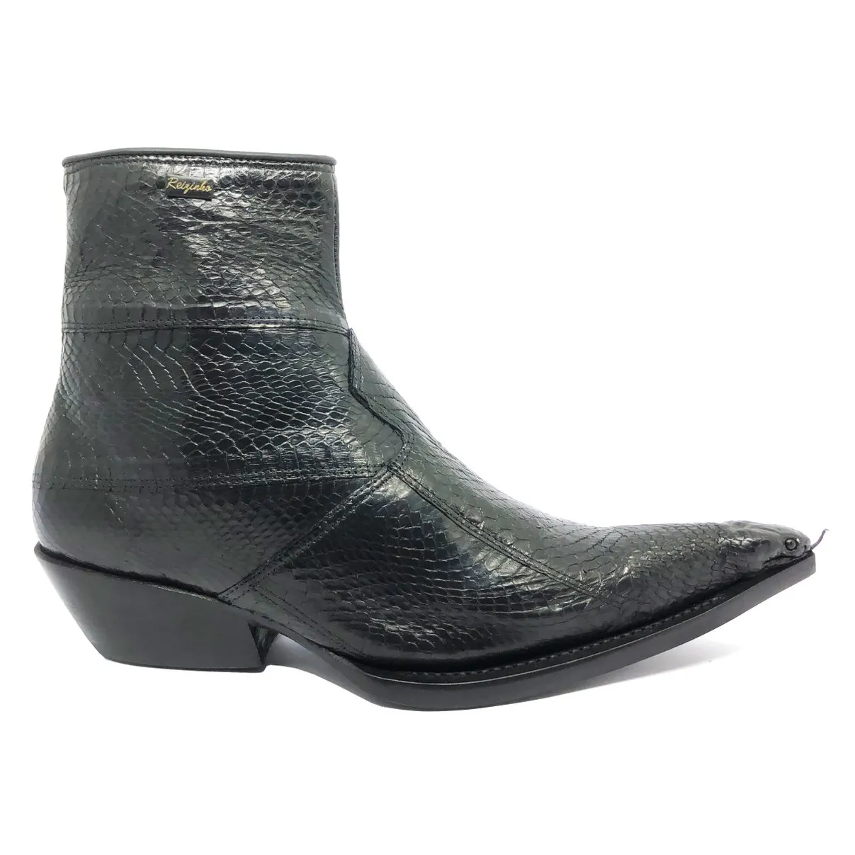 Bota de Cobra Naja Preta com Cabeça - CANO CURTO, BICO FINO, ​SOLADO DE COURO ARTESANAL