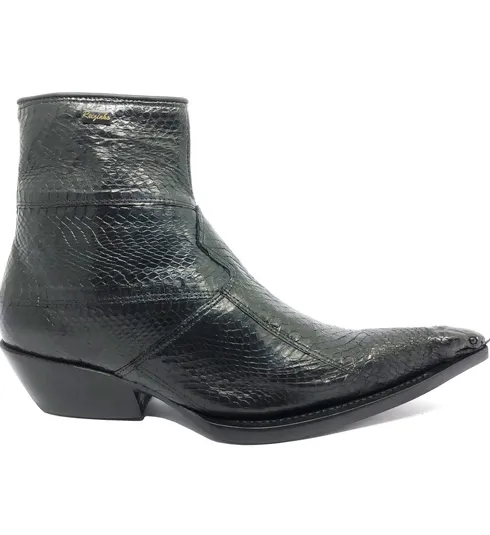 Bota de Cobra Naja Preta com Cabeça - CANO CURTO, BICO FINO, ​SOLADO DE COURO ARTESANAL