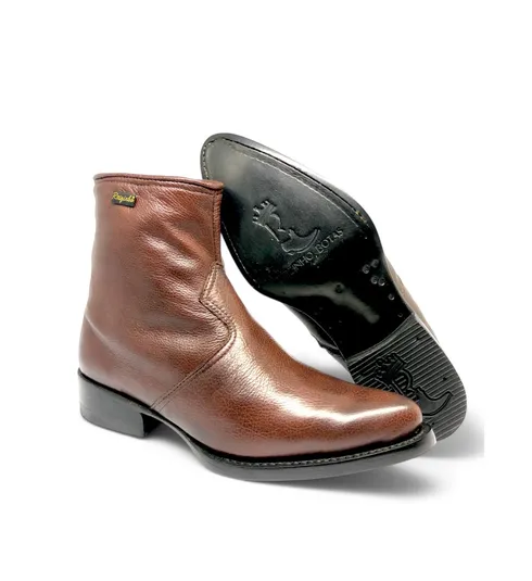 Bota Texana De Couro Bovino Marrom Castanho - Cano Curto Zíper, Bico Fino Arredondado - Solado de Couro Artesanal | Reiz
