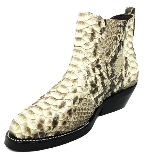 Bota de Cobra Python Natural - Cano Curto, Bico Fino Arredondado, Solado X-Flex Artesanal