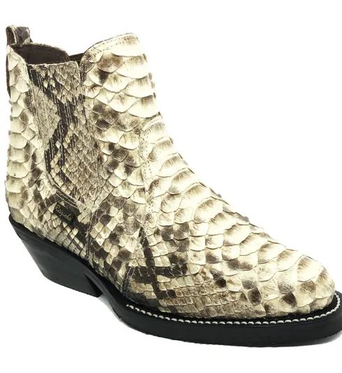 Bota de Cobra Python Natural - Cano Curto, Bico Fino Arredondado, Solado X-Flex Artesanal