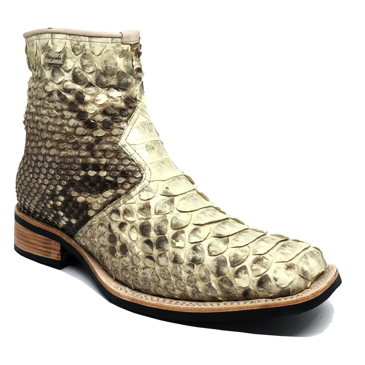 Bota de Cobra Python Natural - Cano Curto, Bico Quadrado, Solado X-Flex Artesanal