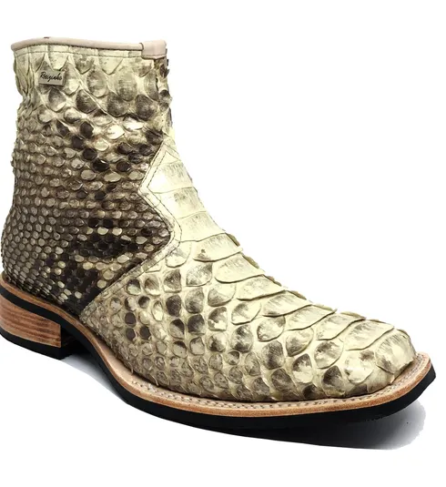 Bota de Cobra Python Natural - Cano Curto, Bico Quadrado, Solado X-Flex Artesanal