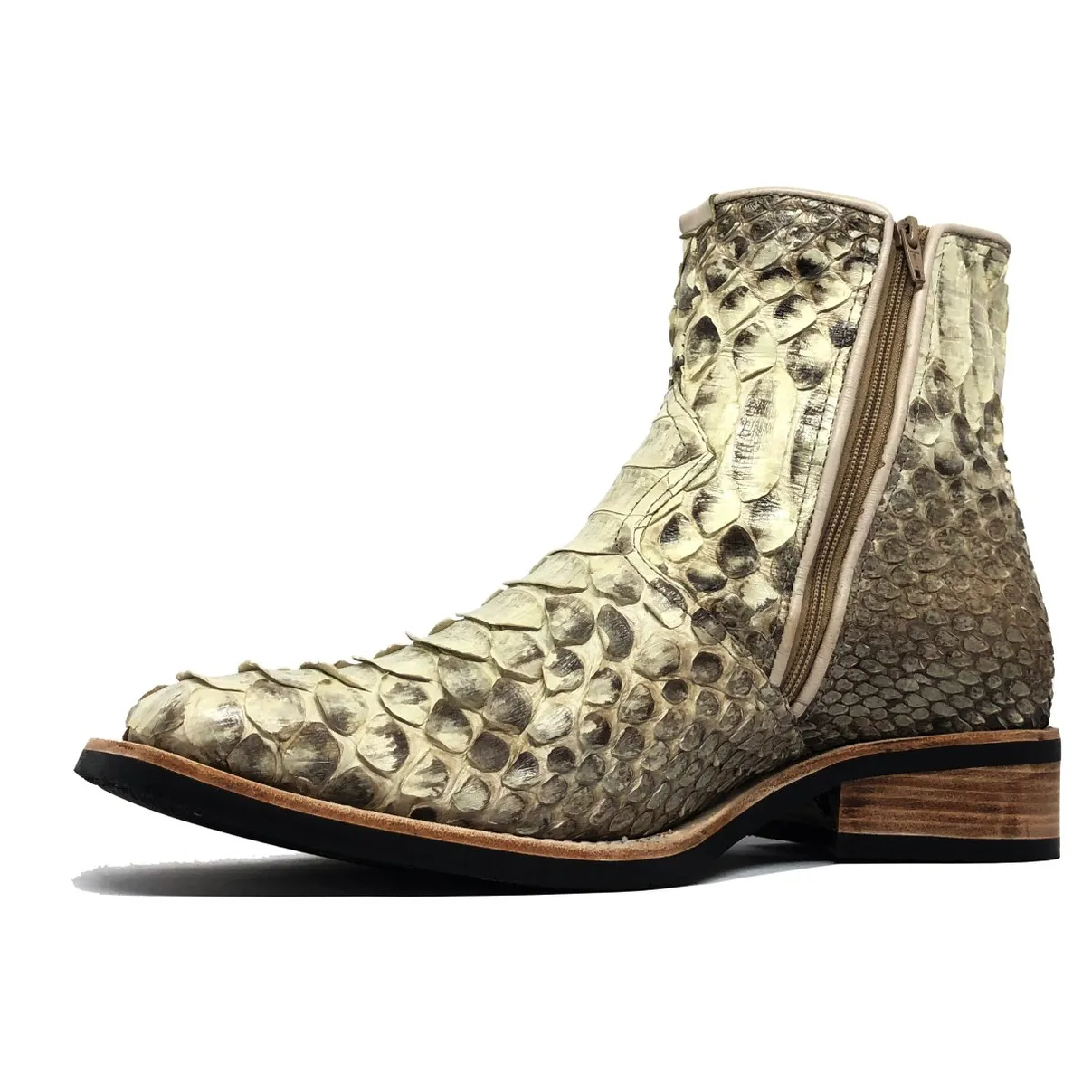Bota de Cobra Python Natural - Cano Curto, Bico Quadrado, Solado X-Flex Artesanal