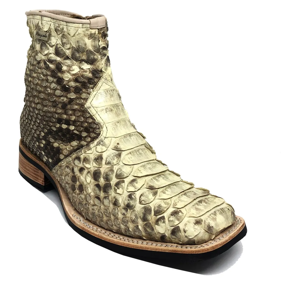 Bota de Cobra Python Natural - Cano Curto, Bico Quadrado, Solado X-Flex Artesanal