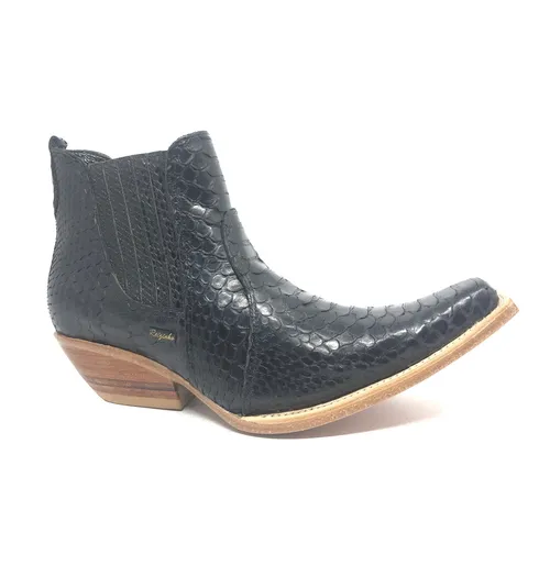 Bota de Cobra Python Preta - Cano Curto, Bico Fino Quadradinho, Solado de Couro Artesanal