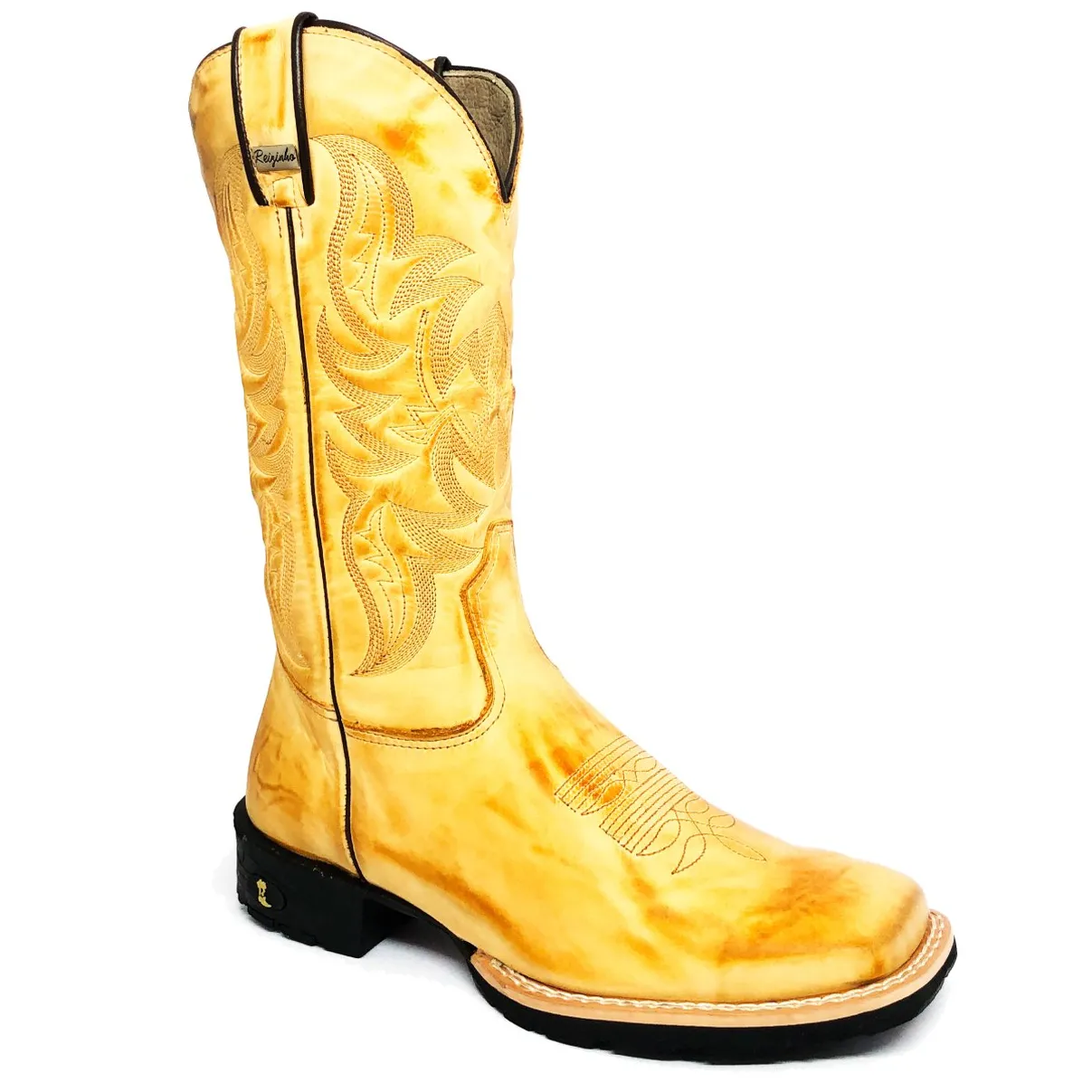 Bota De Couro Bovino Bufalada Amarelo Látego Burned - Cano Alto, Bico Quadrado, Solado Flex Comfort