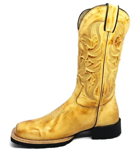 Bota De Couro Bovino Bufalada Amarelo Látego Burned - Cano Alto, Bico Quadrado, Solado Flex Comfort
