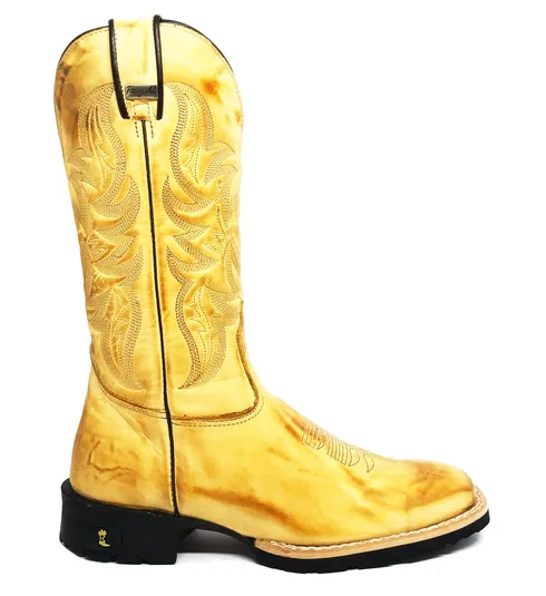 Bota De Couro Bovino Bufalada Amarelo Látego Burned - Cano Alto, Bico Quadrado, Solado Flex Comfort