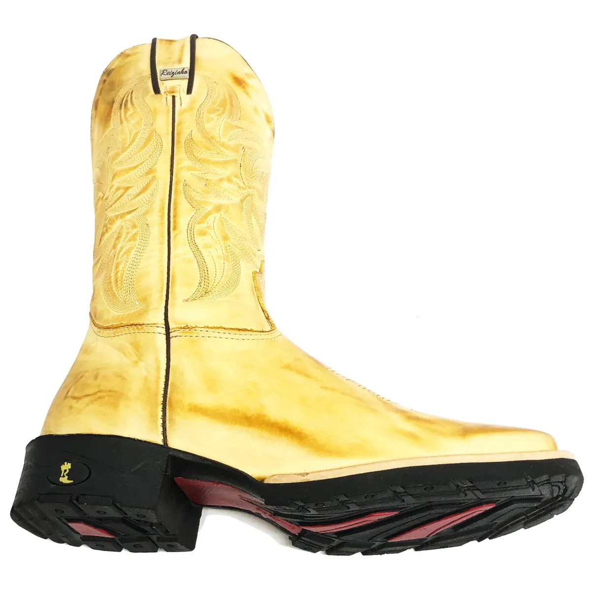 Bota De Couro Bovino Bufalada Amarelo Látego Burned - Cano Alto, Bico Quadrado, Solado Flex Comfort