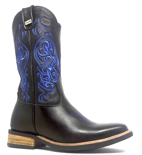 Bota de Couro Bovino Black Night Blue - Cano Alto, Bico , SOLADO X-FLEX ARTESANAL