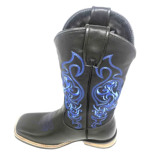 Bota de Couro Bovino Black Night Blue - Cano Alto, Bico , SOLADO X-FLEX ARTESANAL