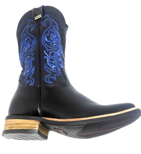 Bota de Couro Bovino Black Night Blue - Cano Alto, Bico Quadrado, ​SOLADO X-FLEX ARTESANAL
