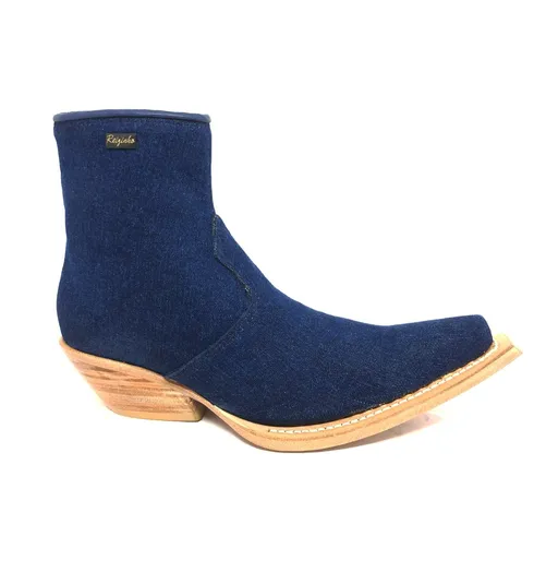Bota Bovino Jeans Azul - Cano Curto, Bico Fino, Solado de Couro Artesanal