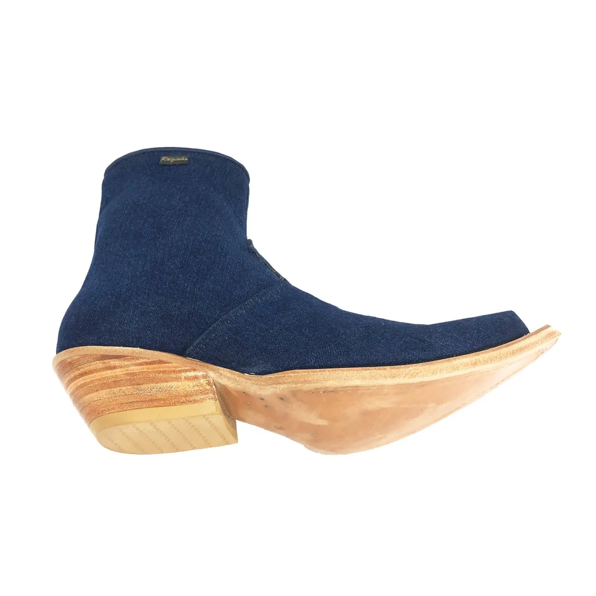 Bota Bovino Jeans Azul - Cano Curto, Bico Fino, Solado de Couro Artesanal