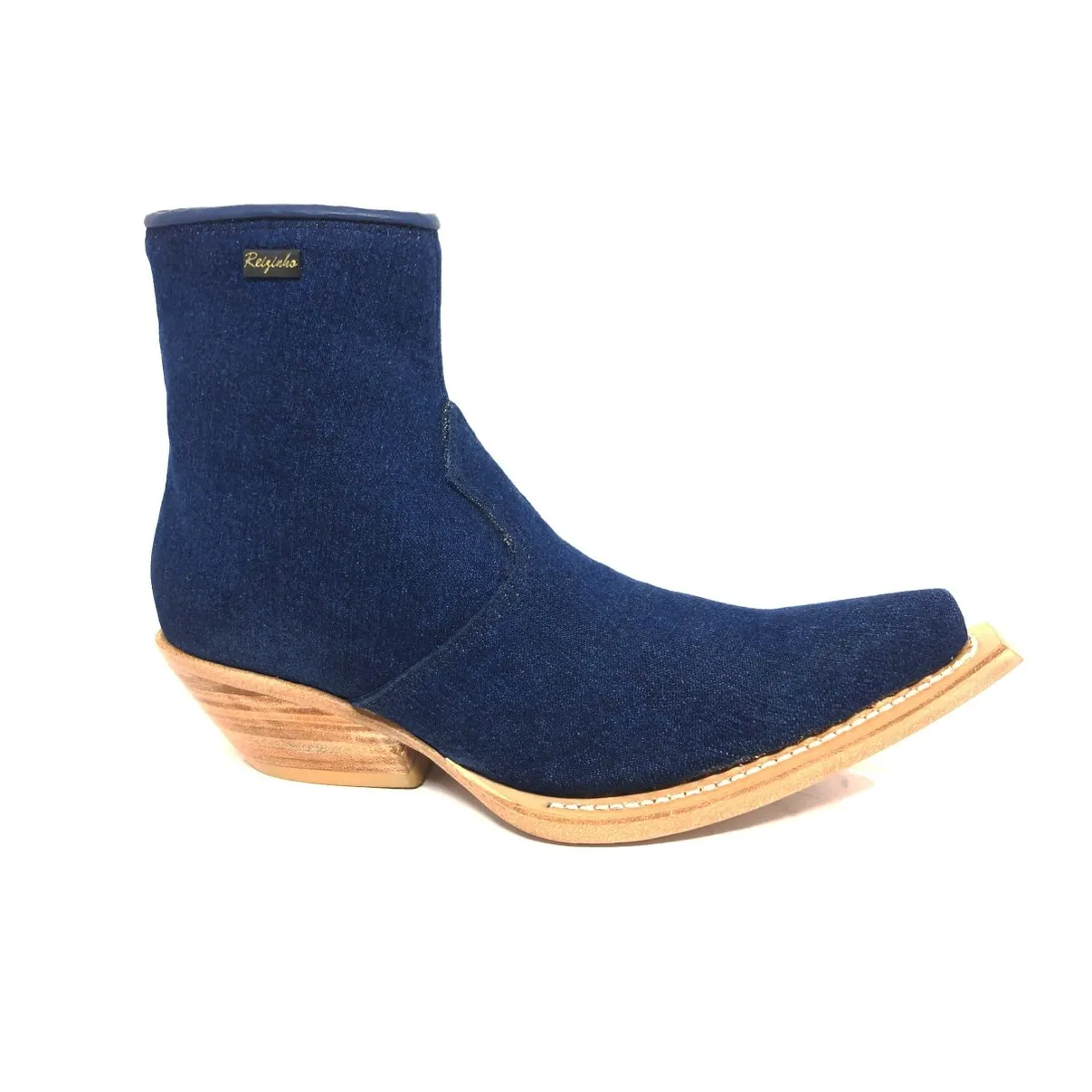 Bota Bovino Jeans Azul - Cano Curto, Bico Fino, Solado de Couro Artesanal
