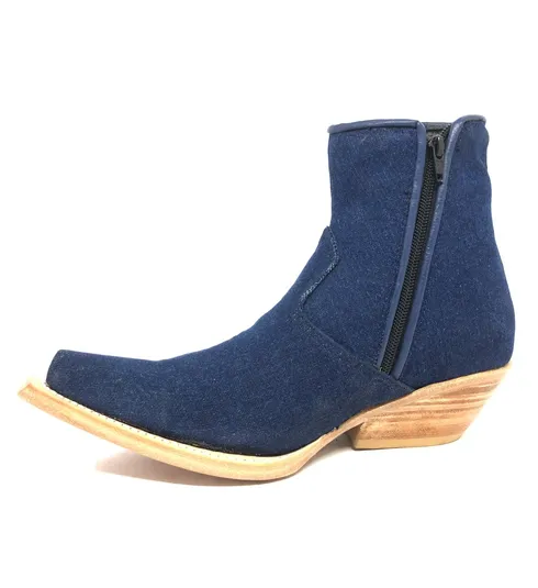 Bota Bovino Jeans Azul - Cano Curto, Bico Fino, Solado de Couro Artesanal