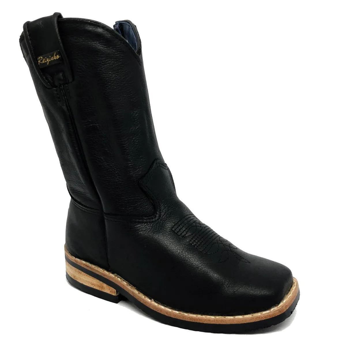 BOTA DE COURO BOVINO PRETO INFANTIL - CANO MÉDIO, BICO QUADRADO, ​SOLADO X-FLEX ARTESANAL