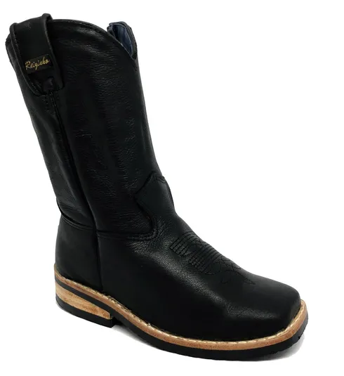 BOTA DE COURO BOVINO PRETO INFANTIL - CANO MÉDIO, BICO QUADRADO, ​SOLADO X-FLEX ARTESANAL