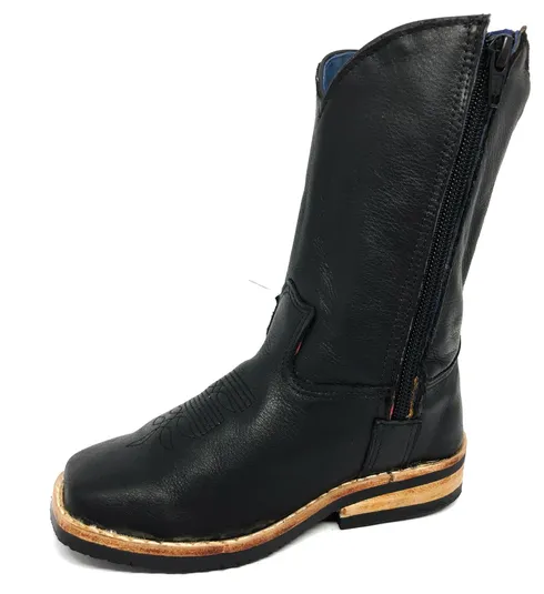 BOTA DE COURO BOVINO PRETO INFANTIL - CANO MÉDIO, BICO QUADRADO, ​SOLADO X-FLEX ARTESANAL