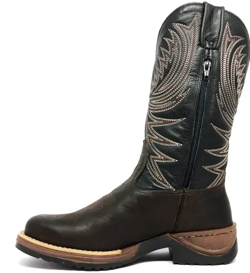 BOTA DE COURO BOVINO BUFALADA MARROM BURNED - CANO ALTO, BICO QUADRADO, SOLADO JUMP