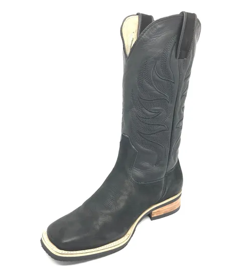 Bota de couro bovino Bufalada Preta Burned - Cano Alto, Bico Quadrado, Solado X-Flex Artesanal