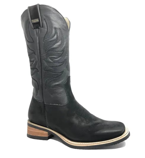 Bota de couro bovino Bufalada Preta Burned - Cano Alto, Bico Quadrado, Solado X-Flex Artesanal