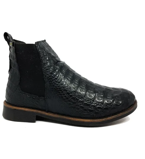 Bota de Couro de Jacaré Preto Casual Premium - CANO CURTO, BICO REDONDO, ​SOLADO FLEX COMFORT