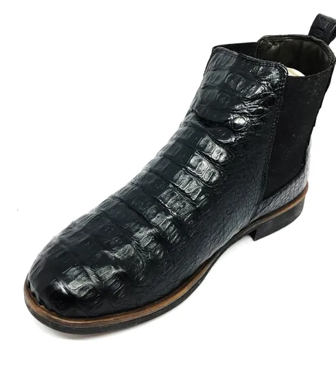Bota de Couro de Jacaré Preto Casual Premium - CANO CURTO, BICO REDONDO, ​SOLADO FLEX COMFORT