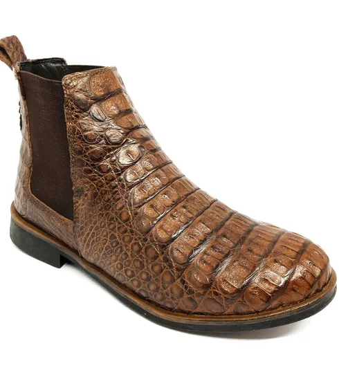 Bota de Couro de Jacaré Tabaco Casual Premium - CANO CURTO, BICO REDONDO, ​​SOLADO FLEX COMFORT
