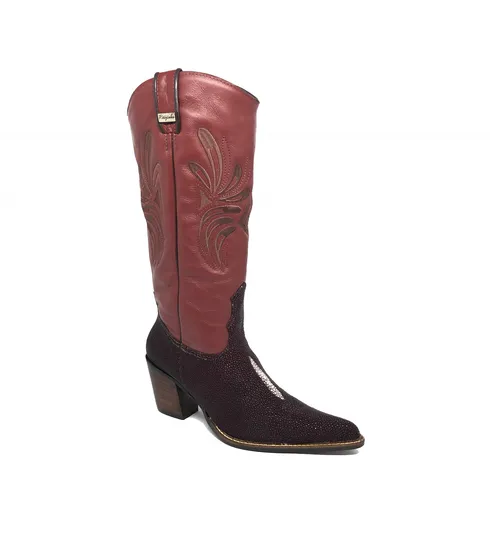 Bota Western Feminina de Arraia Vinho - Cano Alto, Bico Fino