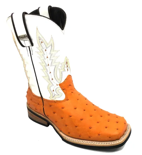 Bota de Avestruz Cheio Laranja - Cano Médio, Bico Quadrado