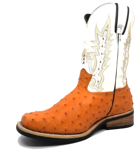 Bota de Avestruz Cheio Laranja - Cano Médio, Bico Quadrado