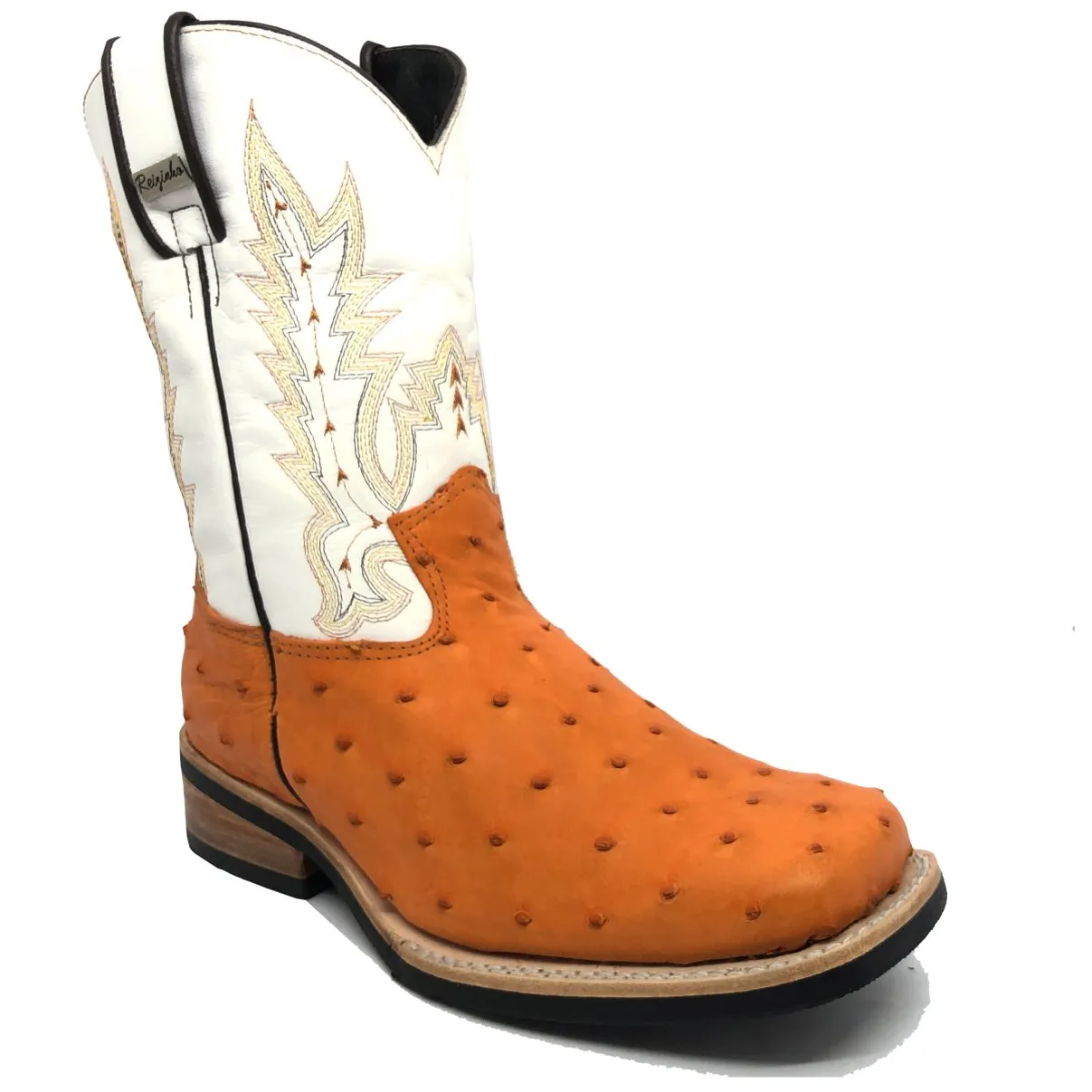 Bota de Avestruz Cheio Laranja - Cano Médio, Bico Quadrado