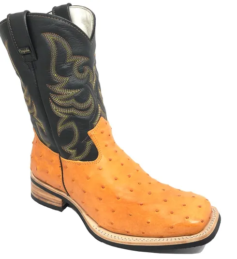 Bota de Avestruz Cheio Laranja - Cano Médio, Bico Quadrado, SOLADO X-FLEX