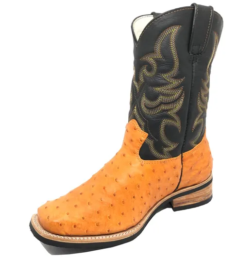 Bota de Avestruz Cheio Laranja - Cano Médio, Bico Quadrado, SOLADO X-FLEX