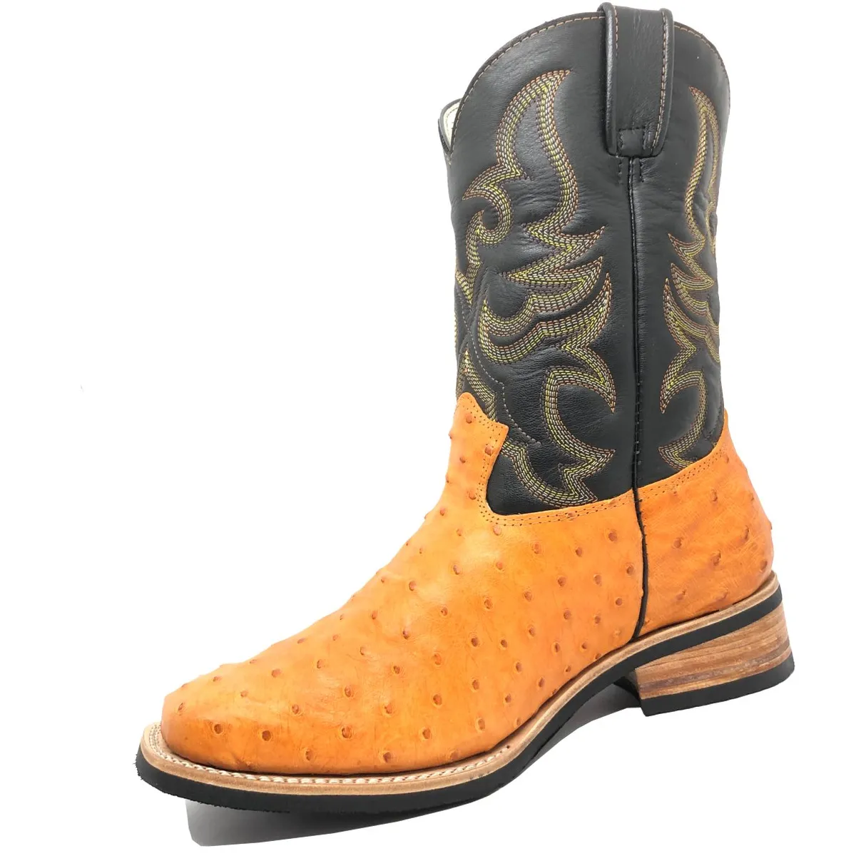 Bota de Avestruz Cheio Laranja - Cano Médio, Bico Quadrado, SOLADO X-FLEX
