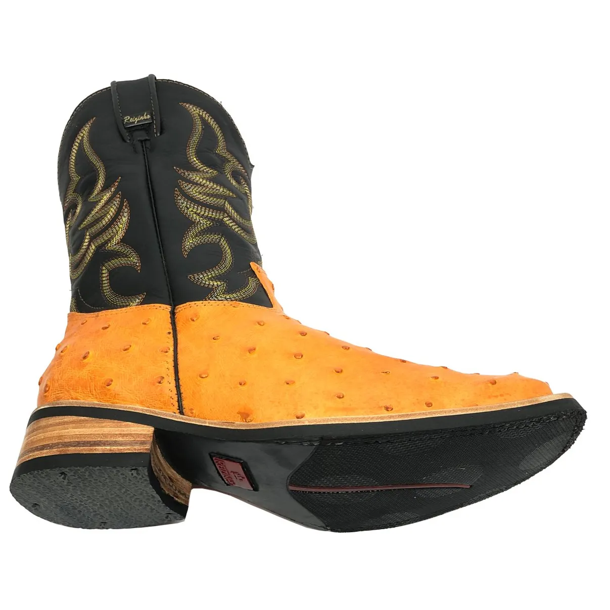 Bota de Avestruz Cheio Laranja - Cano Médio, Bico Quadrado, SOLADO X-FLEX