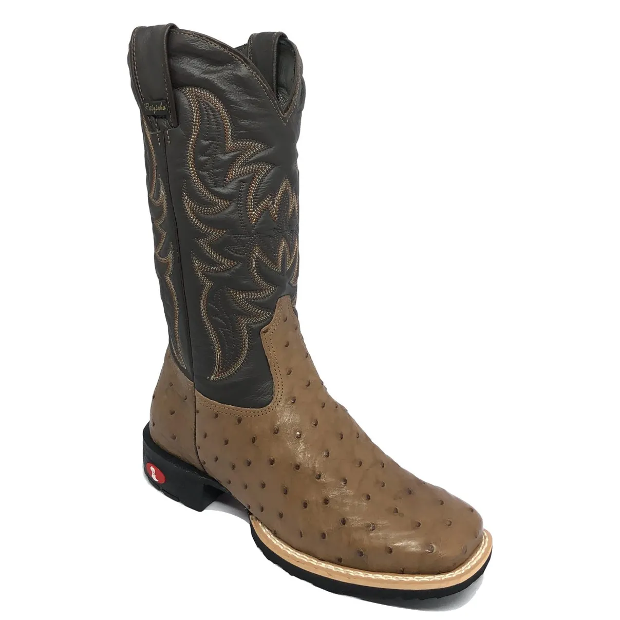 Bota de Avestruz Cheio Marrom - Cano Alto, Bico Quadrado, Solado Flex Comfort