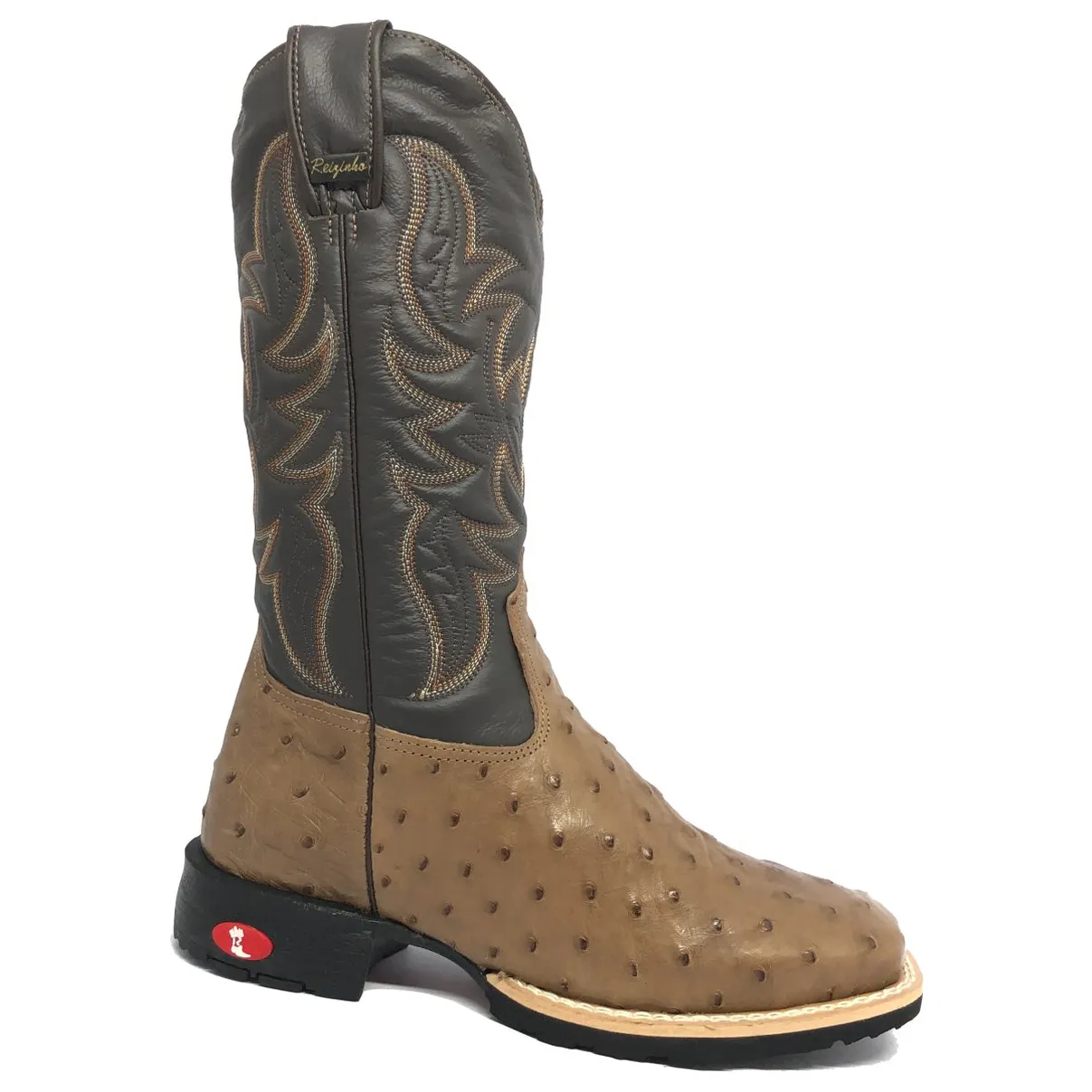 Bota de Avestruz Cheio Marrom - Cano Alto, Bico Quadrado, Solado Flex Comfort