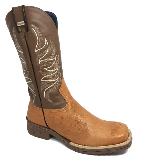 Bota de Barriga de Avestruz Conhaque - CANO ALTO, BICO QUADRADO, SOLADO JUMP