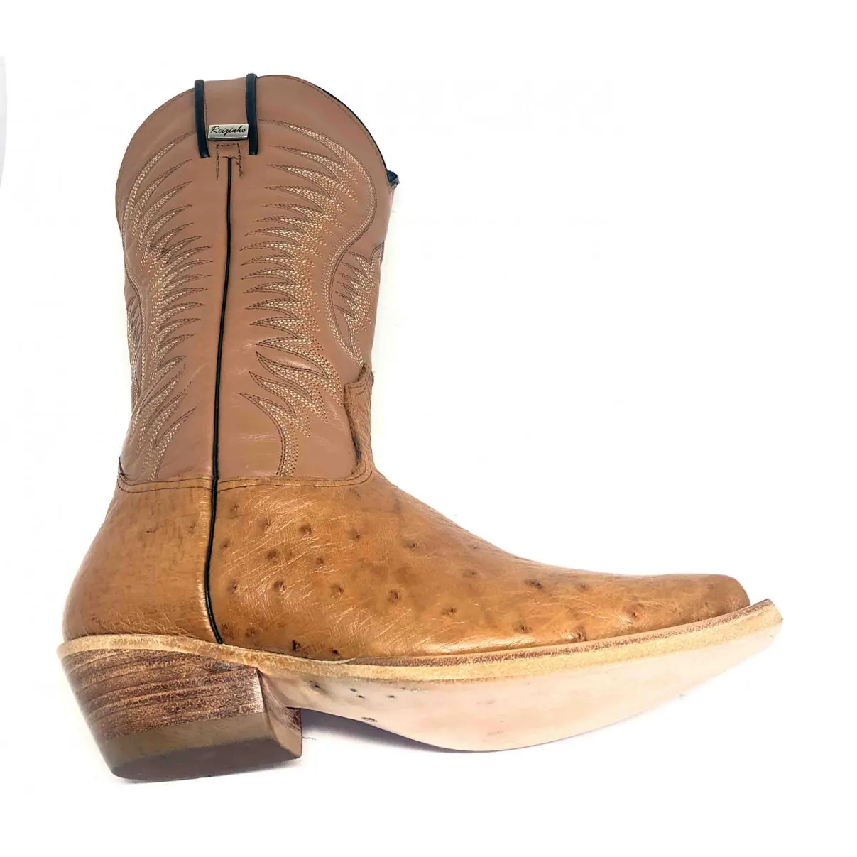 Bota de Barriga de Avestruz Conhaque, SOLADO DE COURO ARTESANAL