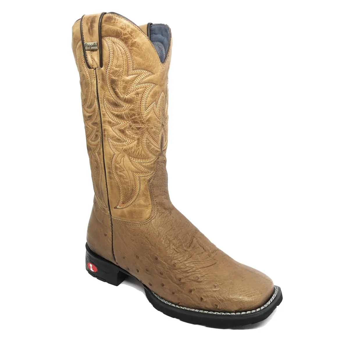 Bota de Barriga de Avestruz Conhaque Escuro - Cano Alto, Bico Quadrado, Solado Flex Comfort