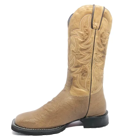 Bota de Barriga de Avestruz Conhaque Escuro - Cano Alto, Bico Quadrado, Solado Flex Comfort