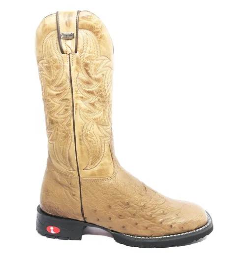 Bota de Barriga de Avestruz Conhaque Escuro - Cano Alto, Bico Quadrado, Solado Flex Comfort